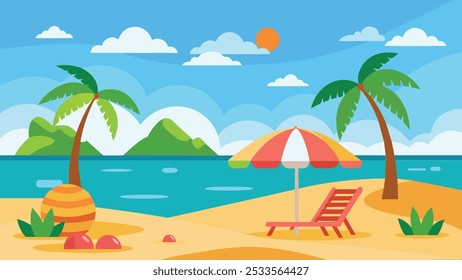 Ilustração em desenho animado de uma cena de praia com palmeiras, uma cadeira lounge, um guarda-chuva, água azul e um céu ensolarado. A areia é amarela com grama verde e um grande ovo laranja.