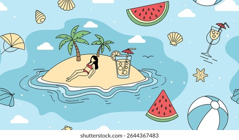 Cartoon illustration of a beach scene with a woman sunbathing, palm trees, drinks, watermelon slices, seashells, and a beach ball.