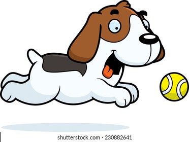 A cartoon illustration of a Beagle chasing a ball.