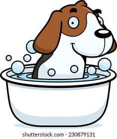 A cartoon illustration of a Beagle taking a bath.