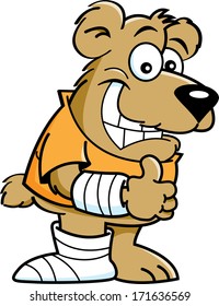 Cartoon illustration of a bear with a cast on his arm and leg.