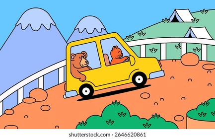 Cartoon illustration of a bear and a cat riding in a bright yellow car through a mountain road. With tents in the background and a clear blue sky vector hand drawn for fun camping and adventure travel