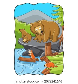 cartoon illustration bear with cub on a big rock