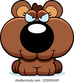 A cartoon illustration of a bear cub with a sly expression.