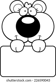 A cartoon illustration of a bear cub with a white sign.