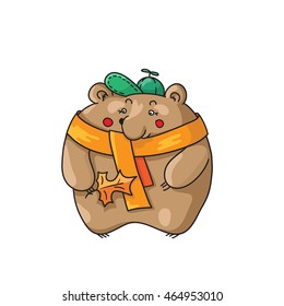 Cartoon illustration of a bear holding an autumn leaf. Bear with a scarf and hat in autumn season.