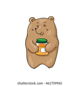 Cartoon illustration of a bear holding honey jar 