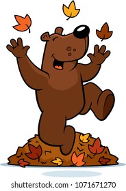A cartoon illustration of a bear jumping in autumn leaves.