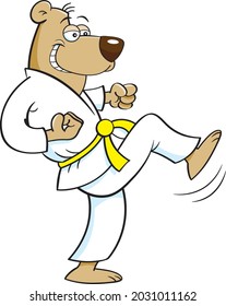 Cartoon illustration of a bear in a Karate uniform kicking.