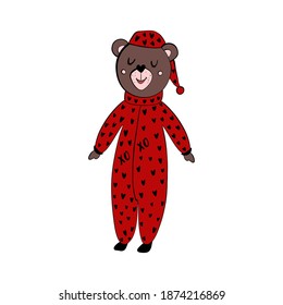 Cartoon illustration of a bear in red pajamas with a print of hearts. Drawn in vector by hand. Use as a print on clothes, for the design of paper, cards, stickers
