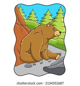 cartoon illustration bear sitting under a cliff in the middle of the forest