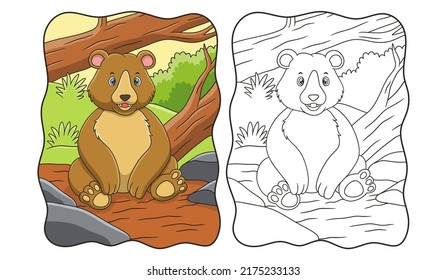 cartoon illustration The bear is sitting under the trunk of a big fallen tree in the middle of the forest book or page for kids