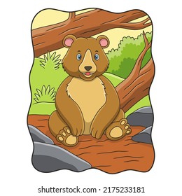 cartoon illustration The bear is sitting under the trunk of a big fallen tree in the middle of the forest