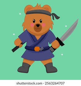 cartoon illustration of a bear with sword, Cute Ninja Thumbs Up With Sword Cartoon Vector Icon cartoon, mascot Illustration