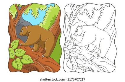 cartoon illustration a bear trying to climb a steep cliff in search of food on a cliff book or page for kids