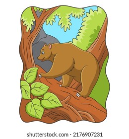 cartoon illustration a bear trying to climb a steep cliff in search of food on a cliff