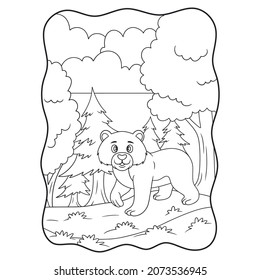cartoon illustration bear walking in the forest looking for food book or page for kids black and white