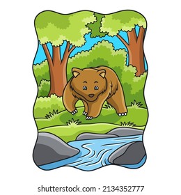 cartoon illustration The bear is walking in the forest beside the river looking for food