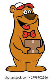 Cartoon illustration of Bear wearing hat and bowtie, carrying a package and delivering to customer, suitable for mascot or logo for delivery service business