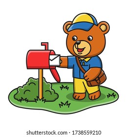 Ilustración de dibujos animados de un oso que trabaja como transportista de correo