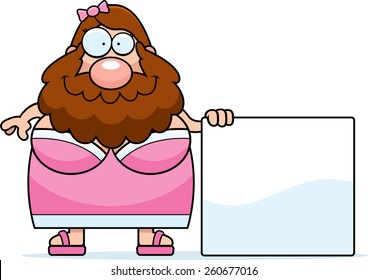 A Cartoon Illustration Of A Bearded Lady With A Sign.