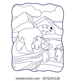 cartoon illustration bears and penguins are on an ice cube book or page for kids black and white