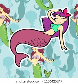 Cartoon illustration of a beautiful cute adorable mermaid with long hair and bow swimming around smiling