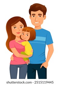 cartoon illustration of a beautiful happy family with one child. Handsome young man and woman, a married couple, holding their daughter, smiling together. Family, relationship and parenthood concept.