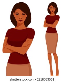 ilustración de una hermosa mujer india con ropa informal inteligente, con los brazos cruzados. Atractiva chica de elegante estilo de oficina. Aislado.