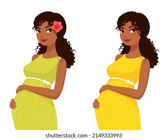 cartoon illustration of a beautiful pregnant woman. Young African American woman expecting a baby. Isolated on white.