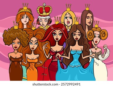 Cartoon illustration of beautiful princesses or queens fairy tale or fantasy characters