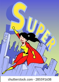 Cartoon illustration of  a beautiful and strong brave super hero  flying above the modern city