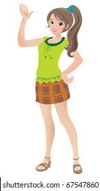 Cartoon Illustration Of A Beautiful Teenage Girl With A Ponytail Waving And Smiling.