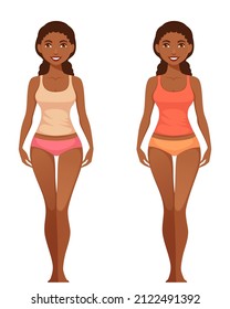 cartoon illustration of a beautiful young black woman in underwear. Isolated on white.