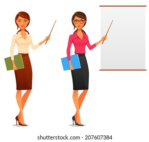 cartoon illustration of a beautiful young businesswoman presenting with pointer and blank board. Attractive office woman, teacher, lecturer or life coach. Isolated on white.