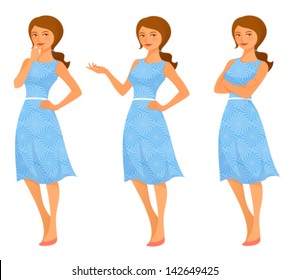 cartoon illustration of a beautiful young woman in summer dress