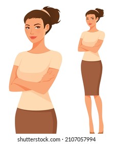 cartoon illustration of a beautiful young woman in smart casual clothing, with her arms crossed. Attractive girl in elegant office fashion. Isolated.