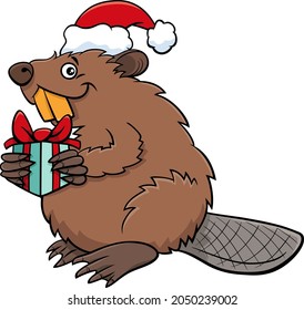 Cartoon illustration of beaver animal character with present on Christmas time