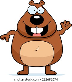 A cartoon illustration of a beaver waving and smiling.