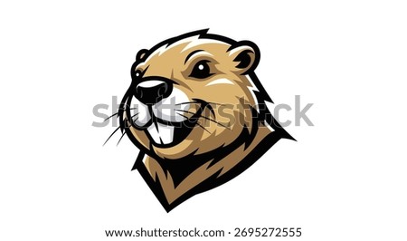 A cartoon illustration of a beaver's head, showcasing its distinctive teeth, dark eyes, and a determined expression, set against a white background.