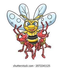 cartoon illustration a bee brings two red ants