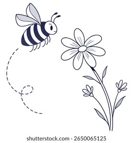 Ilustração em desenho animado de uma abelha voando em direção a uma flor, com uma linha tracejada indicando sua trajetória de voo.