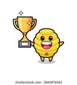 Cartoon Illustration of bee hive is happy holding up the golden trophy , cute design
