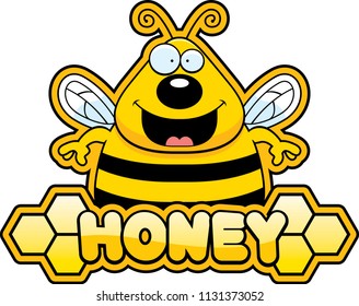 A cartoon illustration of a bee with honey text.