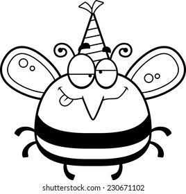 A cartoon illustration of a bee with a party hat looking drunk.