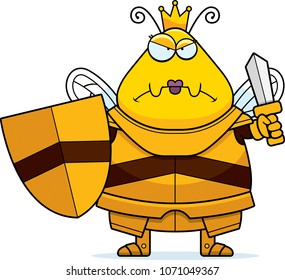 A cartoon illustration of a bee queen in armor looking angry.