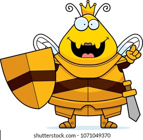 A cartoon illustration of a bee queen in armor with an idea.