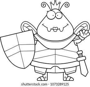 A cartoon illustration of a bee queen in armor waving.