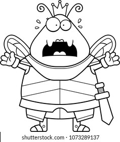 A cartoon illustration of a bee queen in armor looking scared.