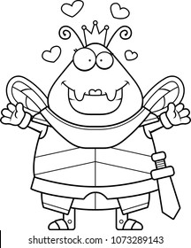 A cartoon illustration of a bee queen in armor ready to give a hug.